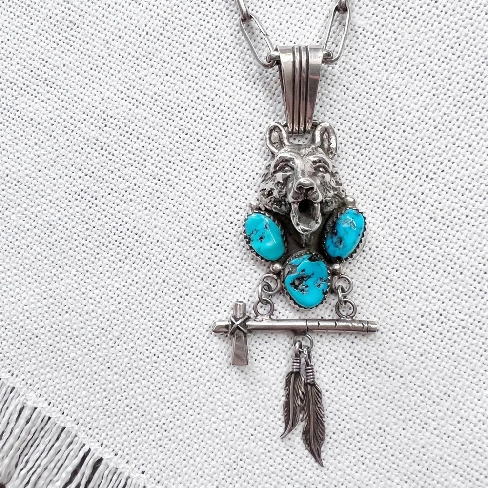NATIVE Wolf Turquoise Sterling Silver Vintage Necklace Robert Begay Southwestern